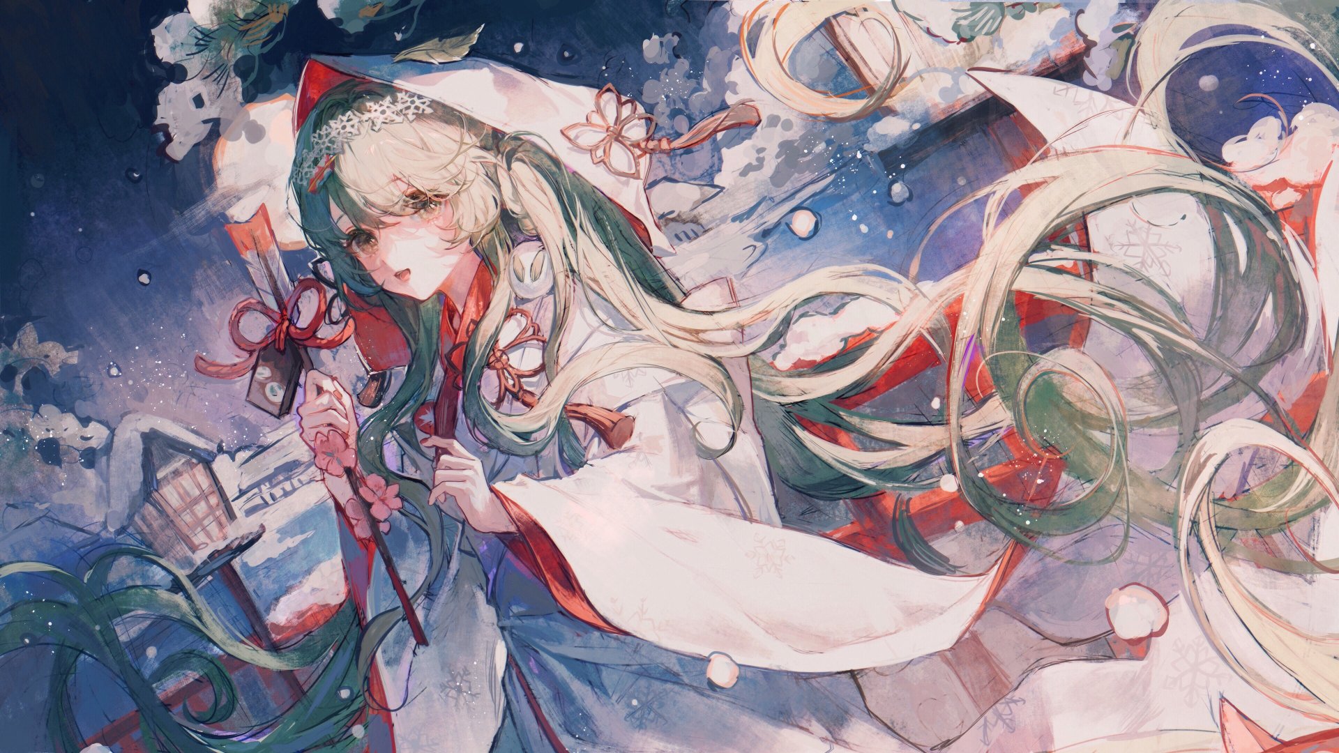 A stunning 4K Ultra HD wallpaper of Hatsune Miku in a snow-covered scene, featuring long green hair and a traditional kimono, embodying the essence of anime and Vocaloid culture.