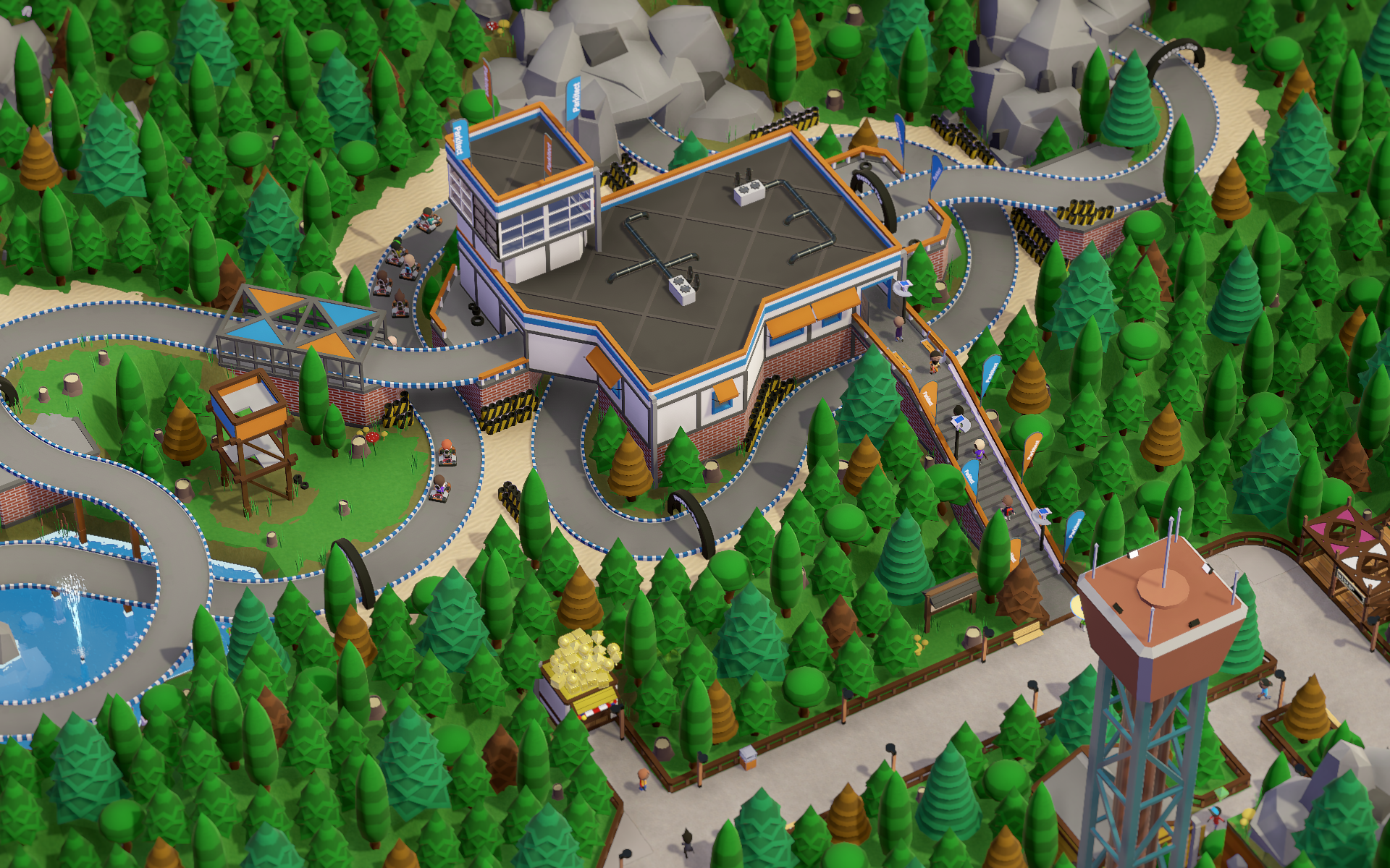 HD desktop wallpaper of Parkitect game showing a colorful amusement park with rides, trees, and pathways.