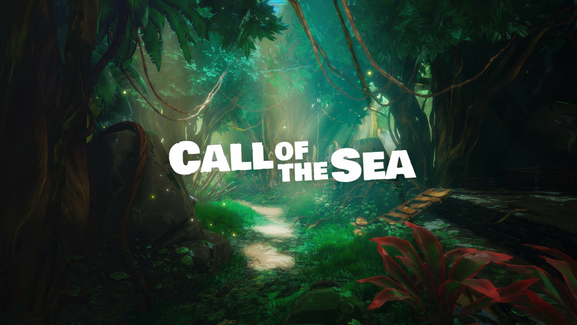 HD desktop wallpaper featuring the lush, mystical forest from Call of the Sea with the game's title illuminated in the center.