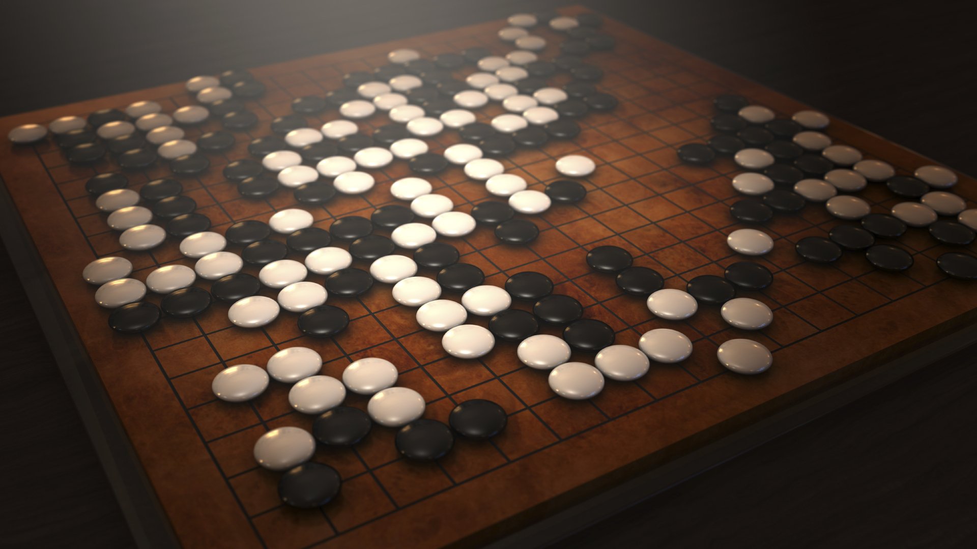 HD desktop wallpaper featuring a Go game board with black and white stones in mid-play.