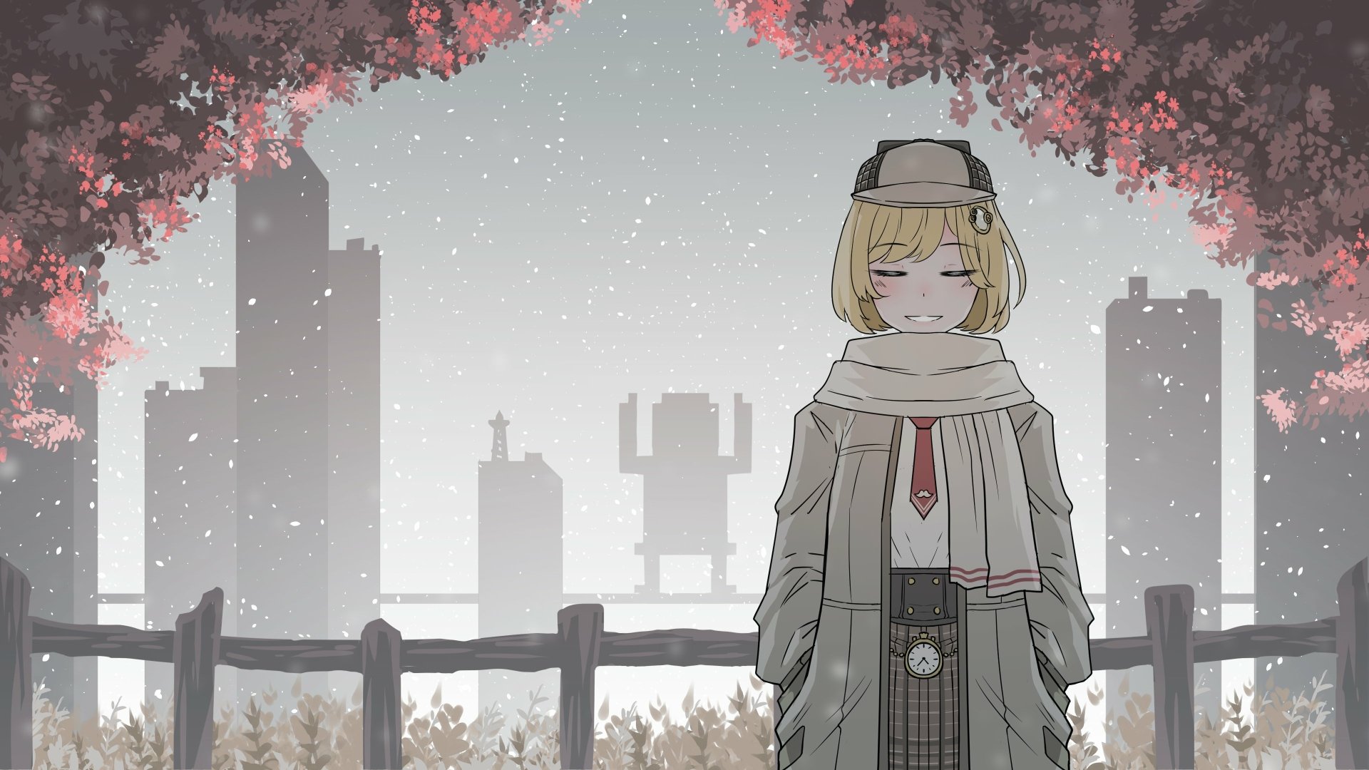 Anime-style 4K UHD desktop wallpaper featuring Watson Amelia, a Virtual YouTuber, standing calmly in a snowfall with city silhouettes and blossoming trees in the background.