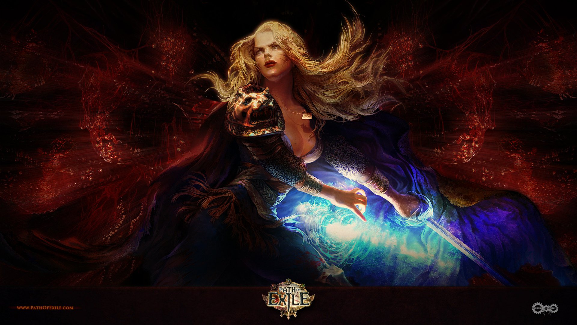 HD desktop wallpaper of a mystical female character from Path of Exile with flowing golden hair casting a spell.