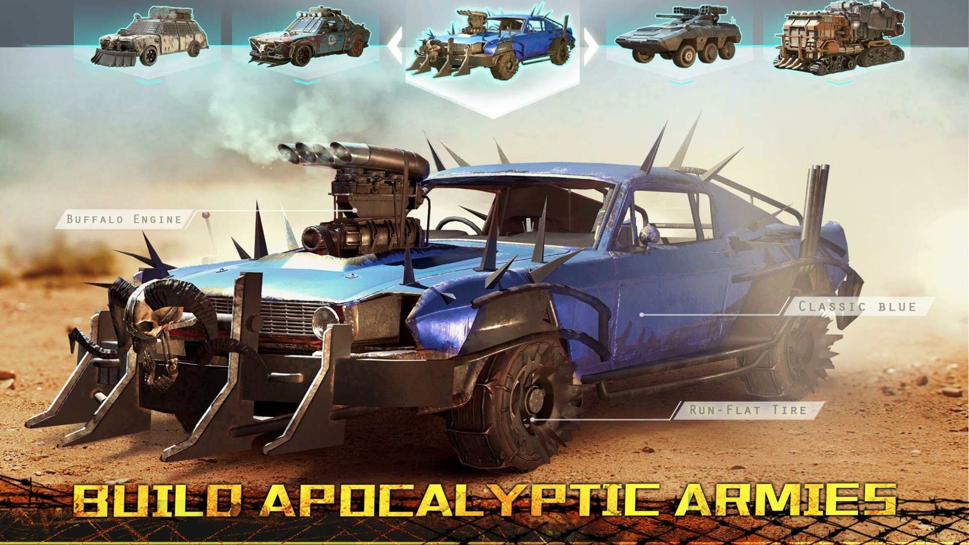 HD desktop wallpaper for Age of Z Origins featuring a modified blue car and the tagline Build Apocalyptic Armies with tanks in the background.