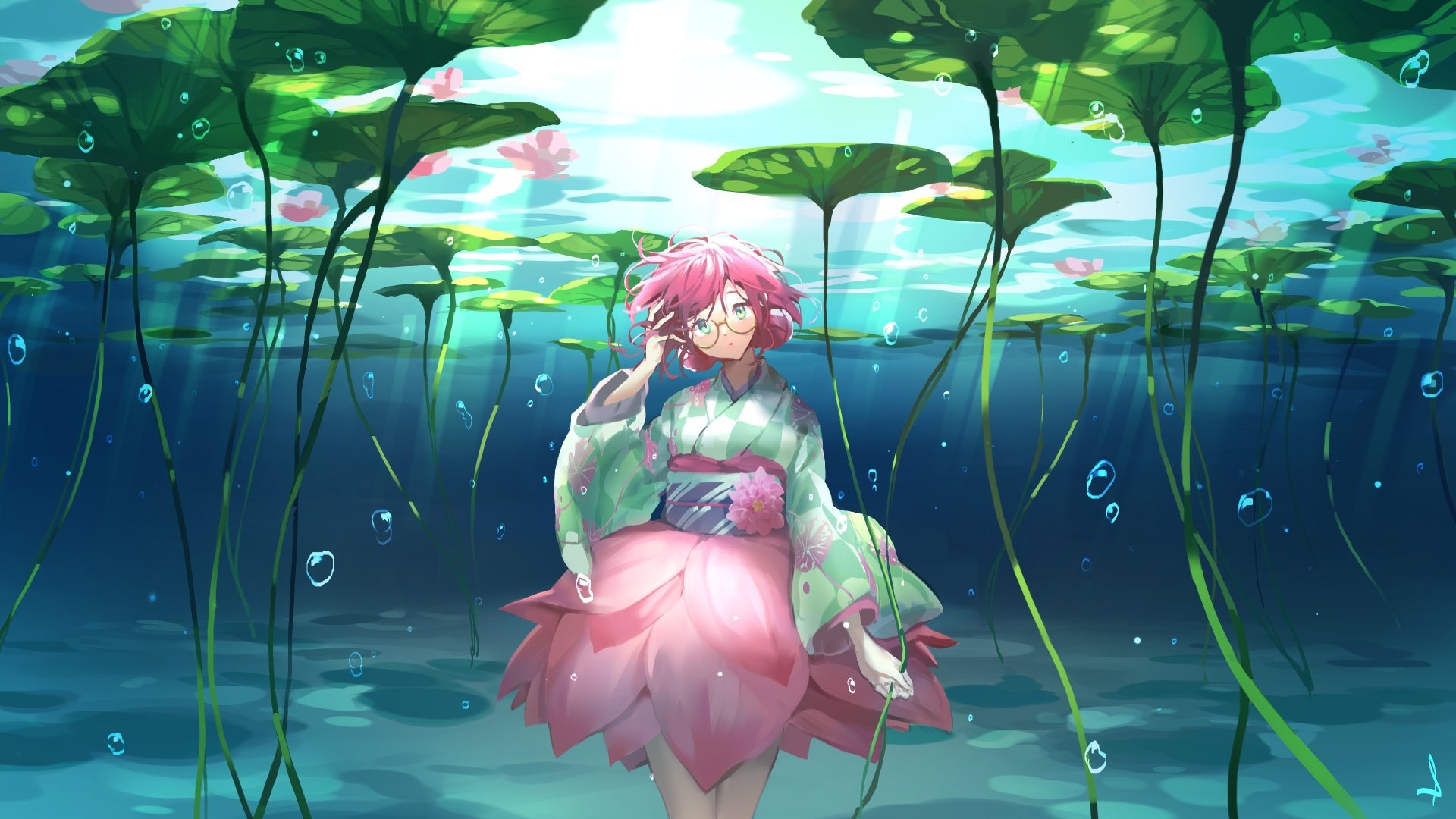 A 4K Ultra HD anime wallpaper featuring a pink-haired anime girl in a green kimono standing gracefully underwater among tall aquatic plants and bubbles.