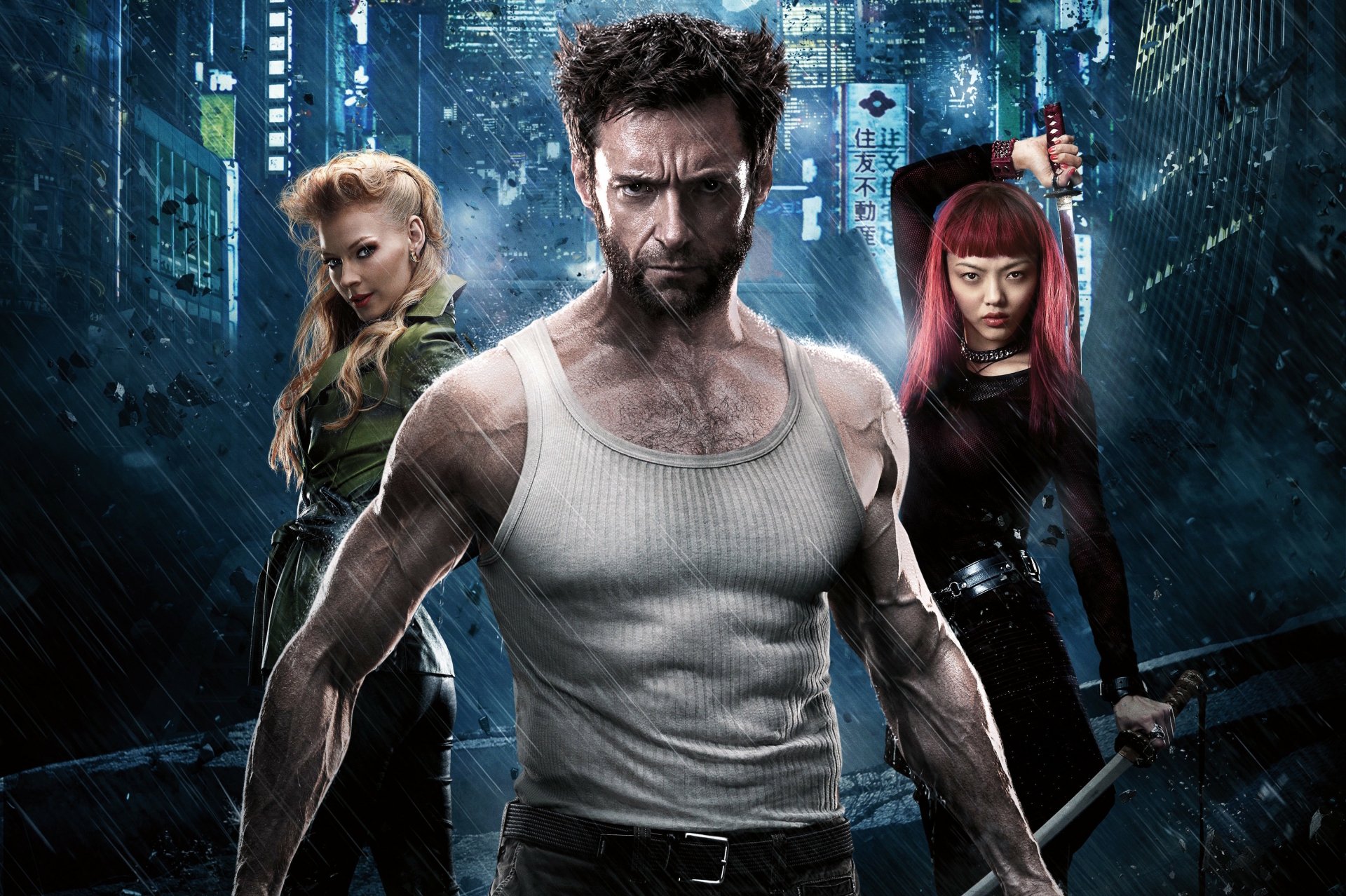 HD PC desktop wallpaper featuring Hugh Jackman as Wolverine from the movie The Wolverine, standing with two female characters against a neon-lit urban backdrop.