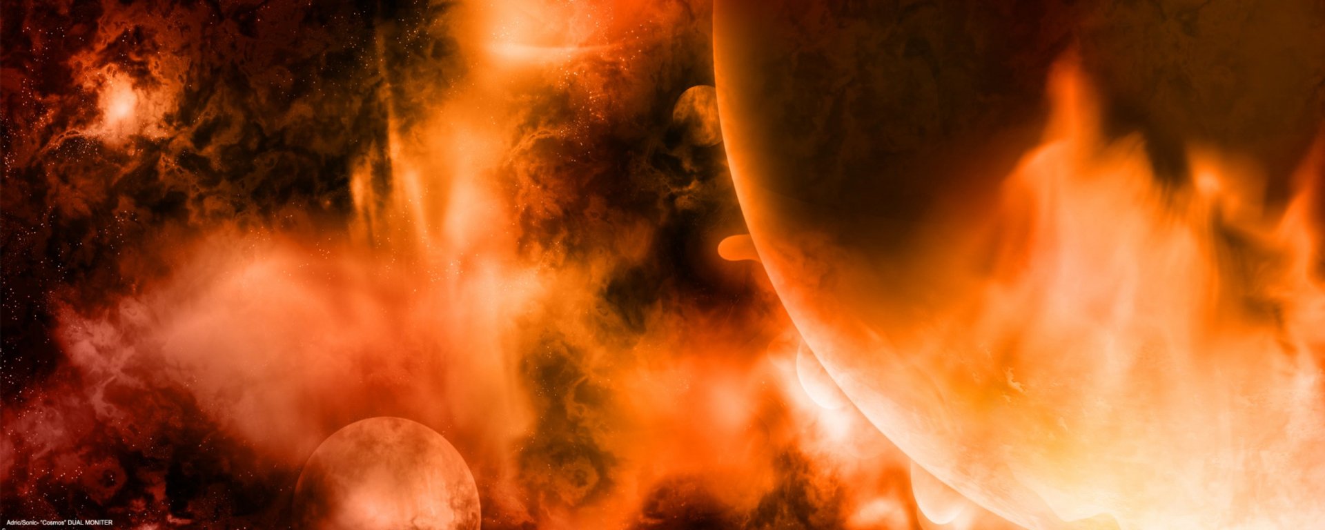 HD PC desktop wallpaper featuring a vibrant sci-fi scene with glowing planets and fiery cosmic clouds in deep space.