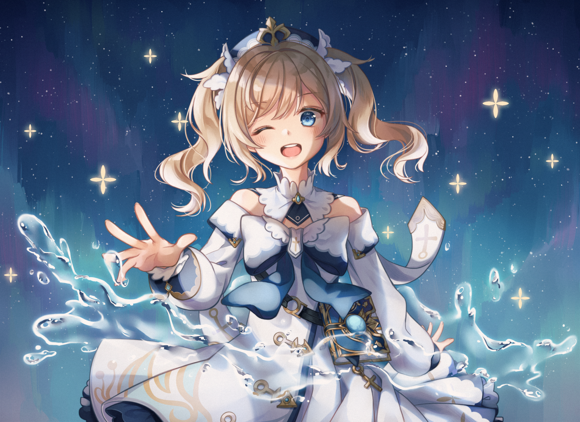 HD PC desktop wallpaper featuring Barbara from the video game Genshin Impact, surrounded by sparkling stars and water effects.