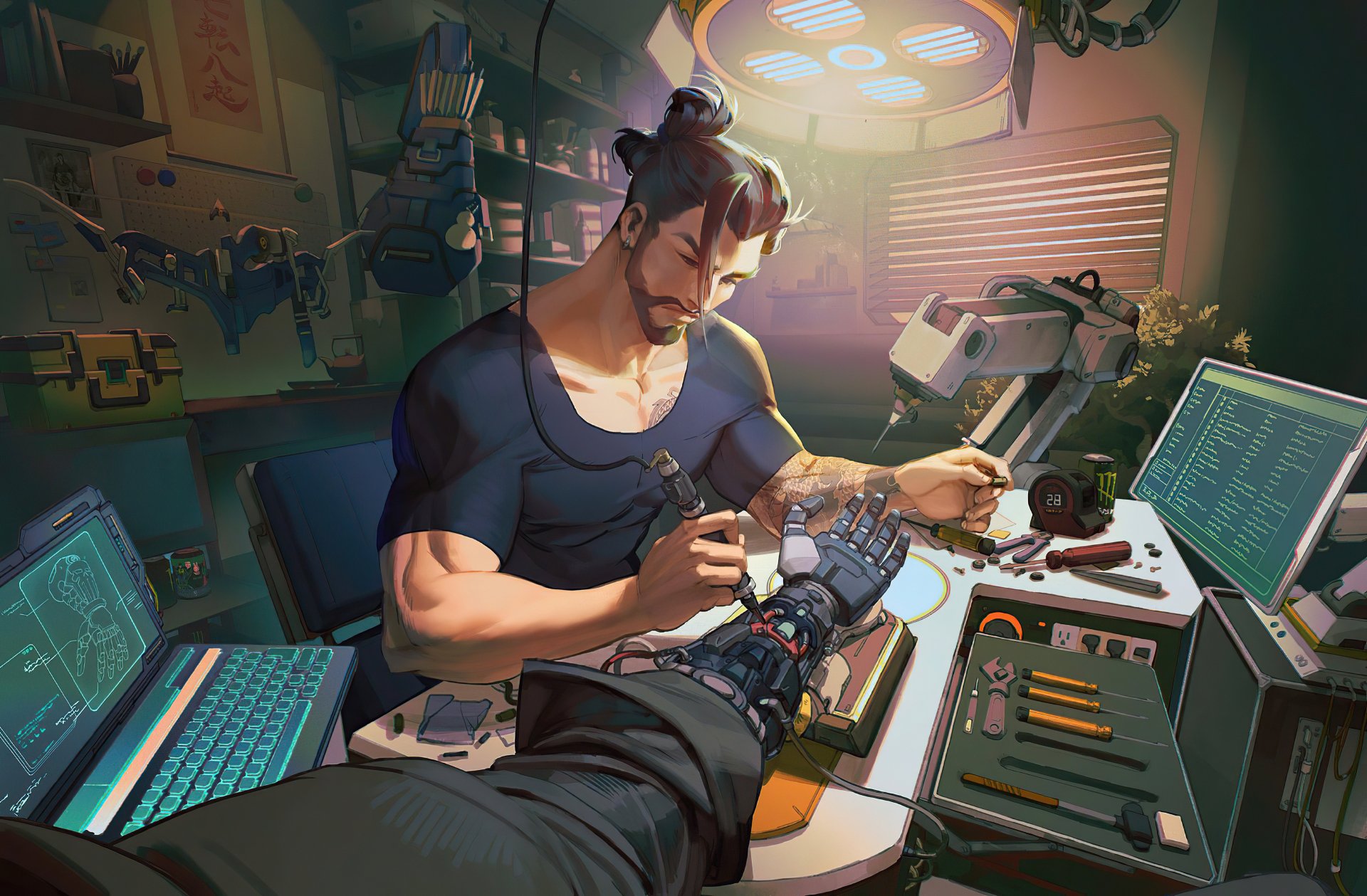 Hanzo from Overwatch is depicted in a detailed 4K Ultra HD PC desktop wallpaper, focused on repairing a mechanical arm in a high-tech workshop.