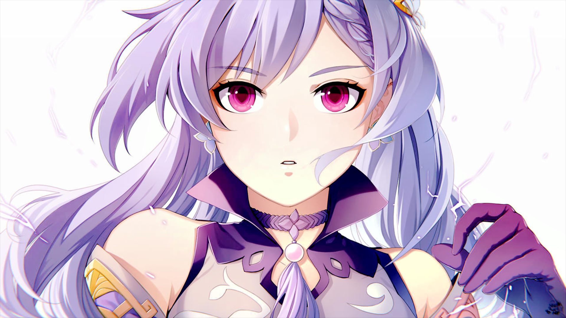 HD PC desktop wallpaper featuring Keqing from Genshin Impact with long purple hair and striking purple eyes in a detailed anime-style portrait.