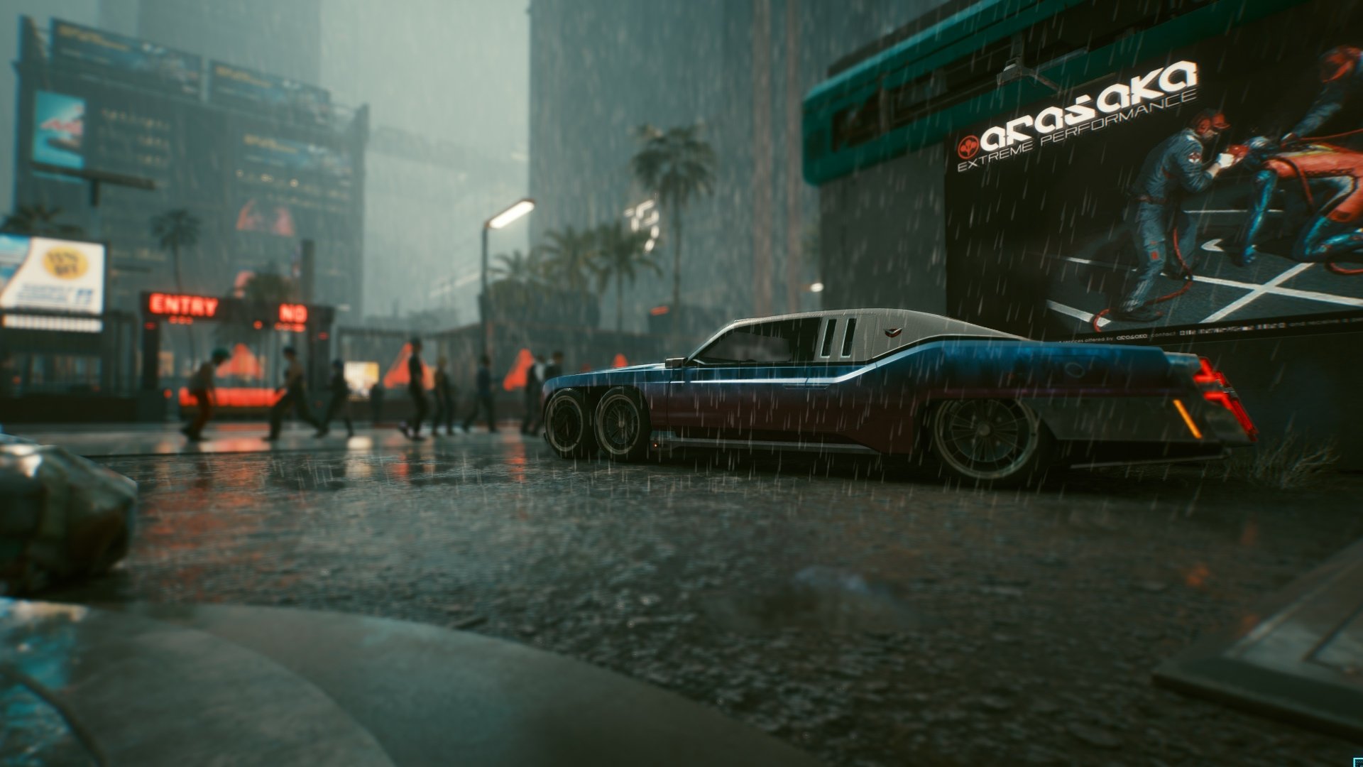 Rain-soaked Night City scene from Cyberpunk 2077, featuring a sleek car and neon-lit streets in 4K Ultra HD for a PC desktop wallpaper and background.