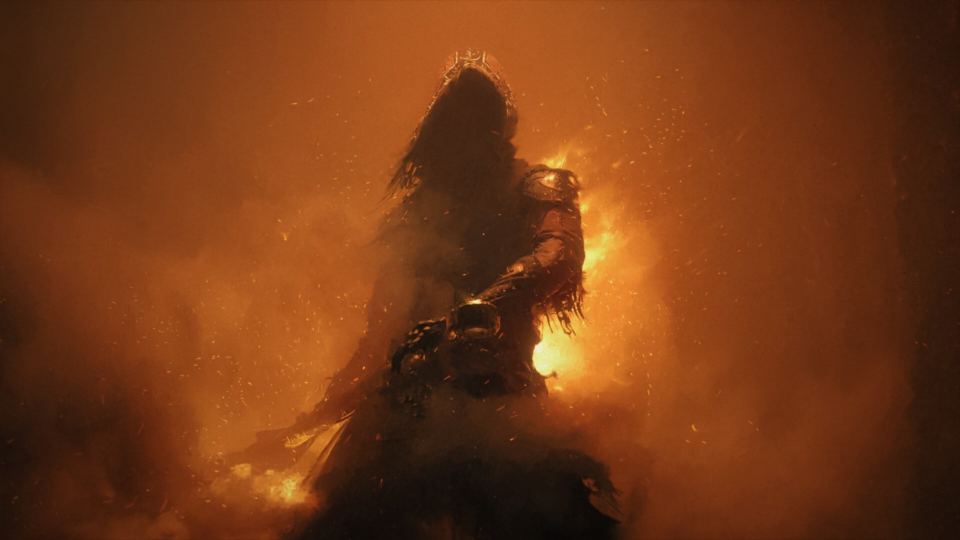 HD fantasy warrior portrait with fiery, smoky background, featuring a dark armored figure in a dramatic, intense scene for a striking PC desktop wallpaper.