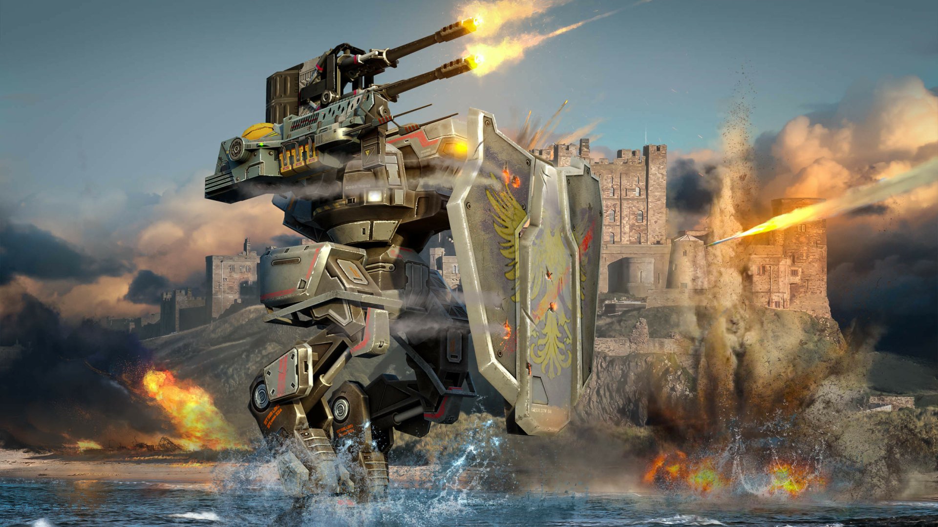 HD desktop wallpaper featuring a combat scene with war robots amidst an explosive battle near a castle.