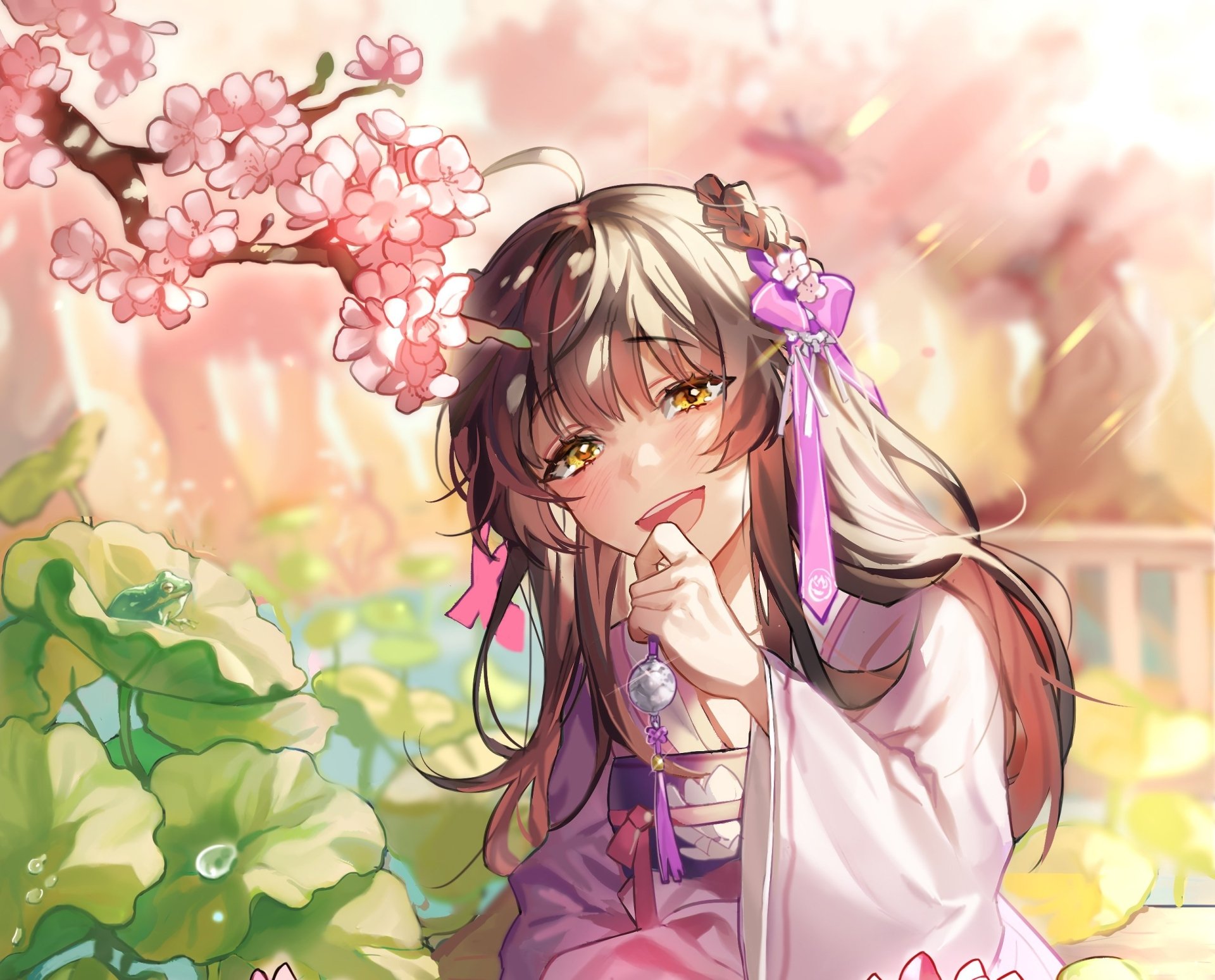 HD anime desktop wallpaper featuring Jiang Yanli from Mo Dao Zu Shi, surrounded by blooming cherry blossoms and soft, warm lighting.