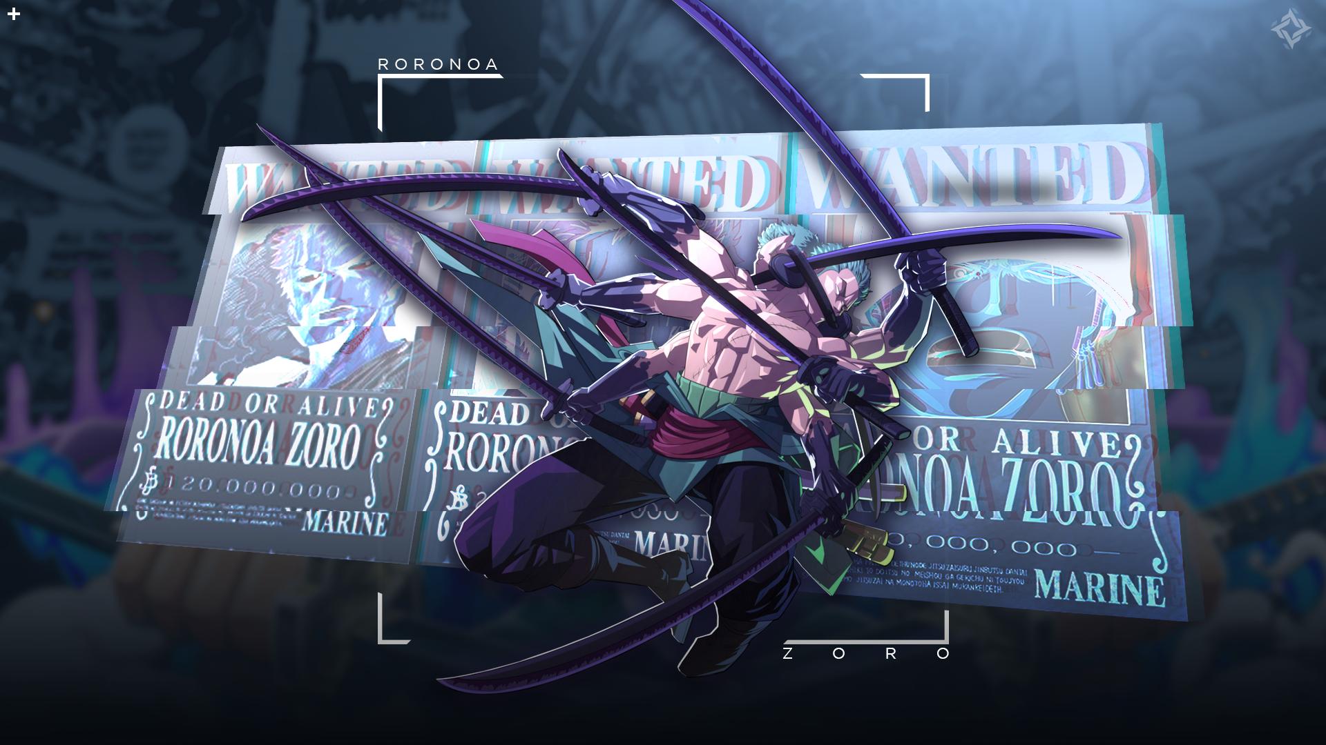 HD anime wallpaper featuring Roronoa Zoro from One Piece, with dynamic sword poses and wanted posters in the background.