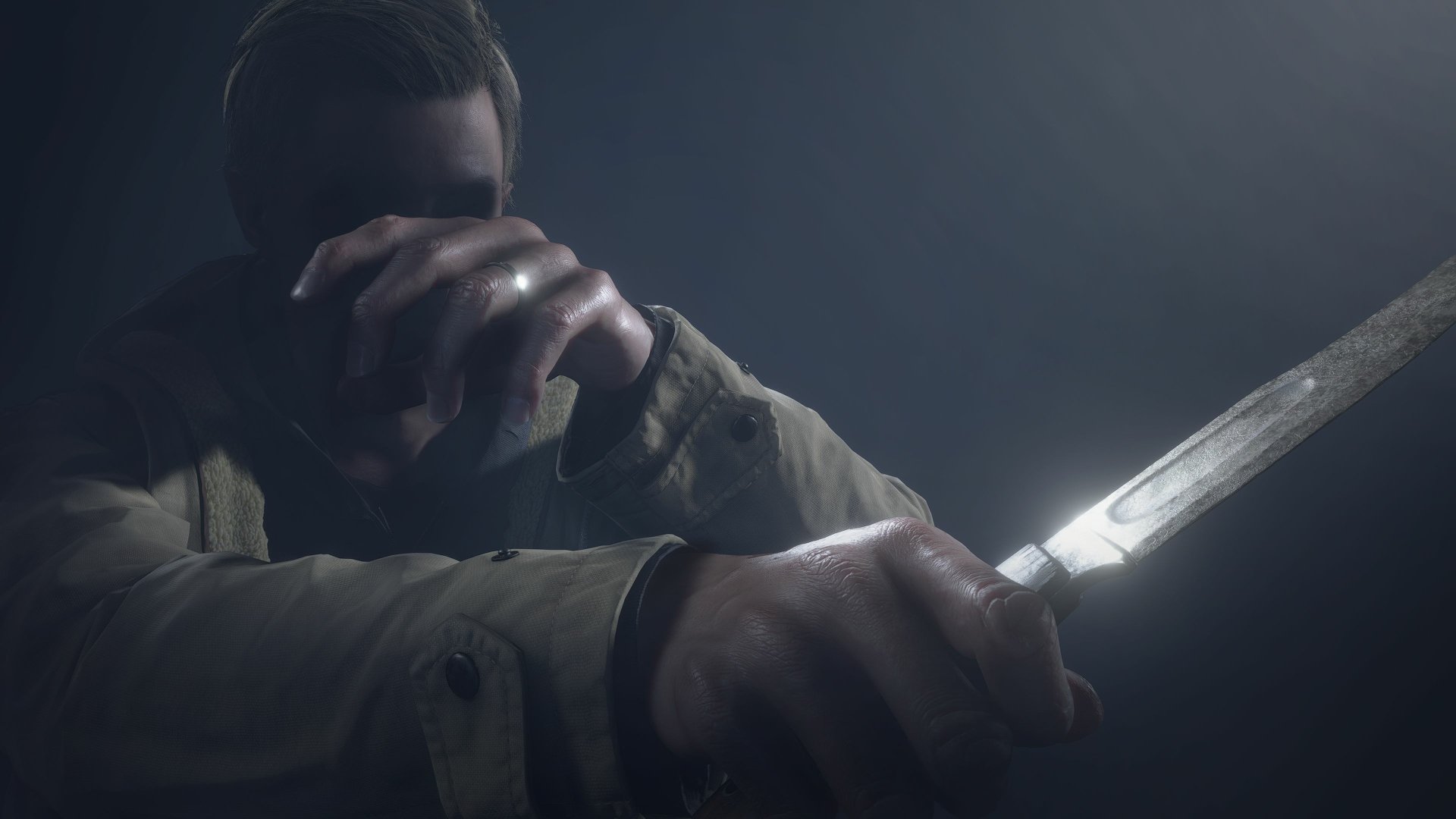 Ethan Winters grips a knife in a dark, tense scene from the video game Resident Evil Village, rendered in 4K Ultra HD for PC desktop wallpaper.