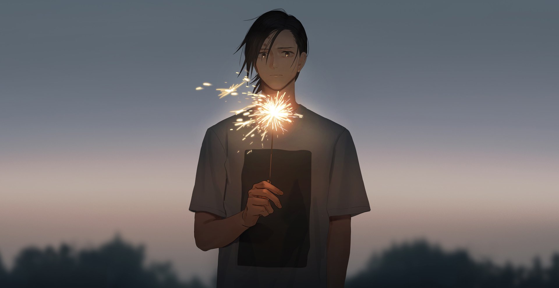 HD desktop wallpaper featuring Junpei Yoshino from the anime Jujutsu Kaisen, holding a sparkler against a serene twilight background.