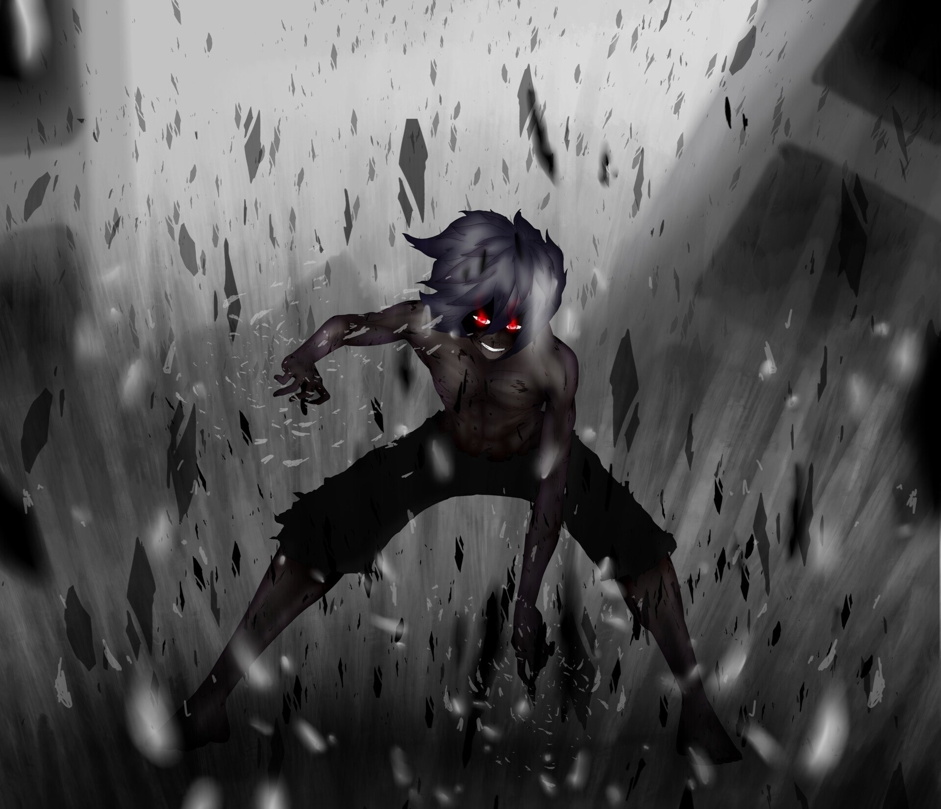 HD anime desktop wallpaper featuring Tomura Shigaraki from My Hero Academia with glowing red eyes amid a dark, fragmented background.