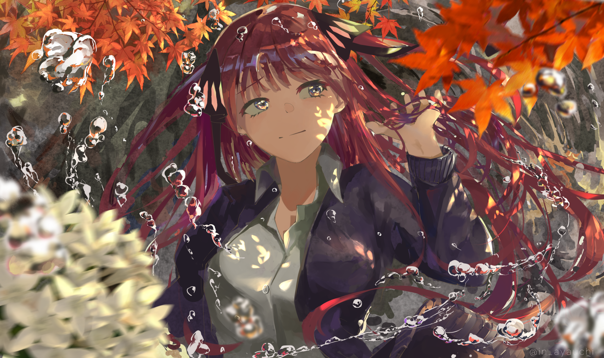 HD desktop wallpaper of Nino Nakano from the anime The Quintessential Quintuplets, featuring her with long pink hair amidst autumn leaves and a dark, serene background.