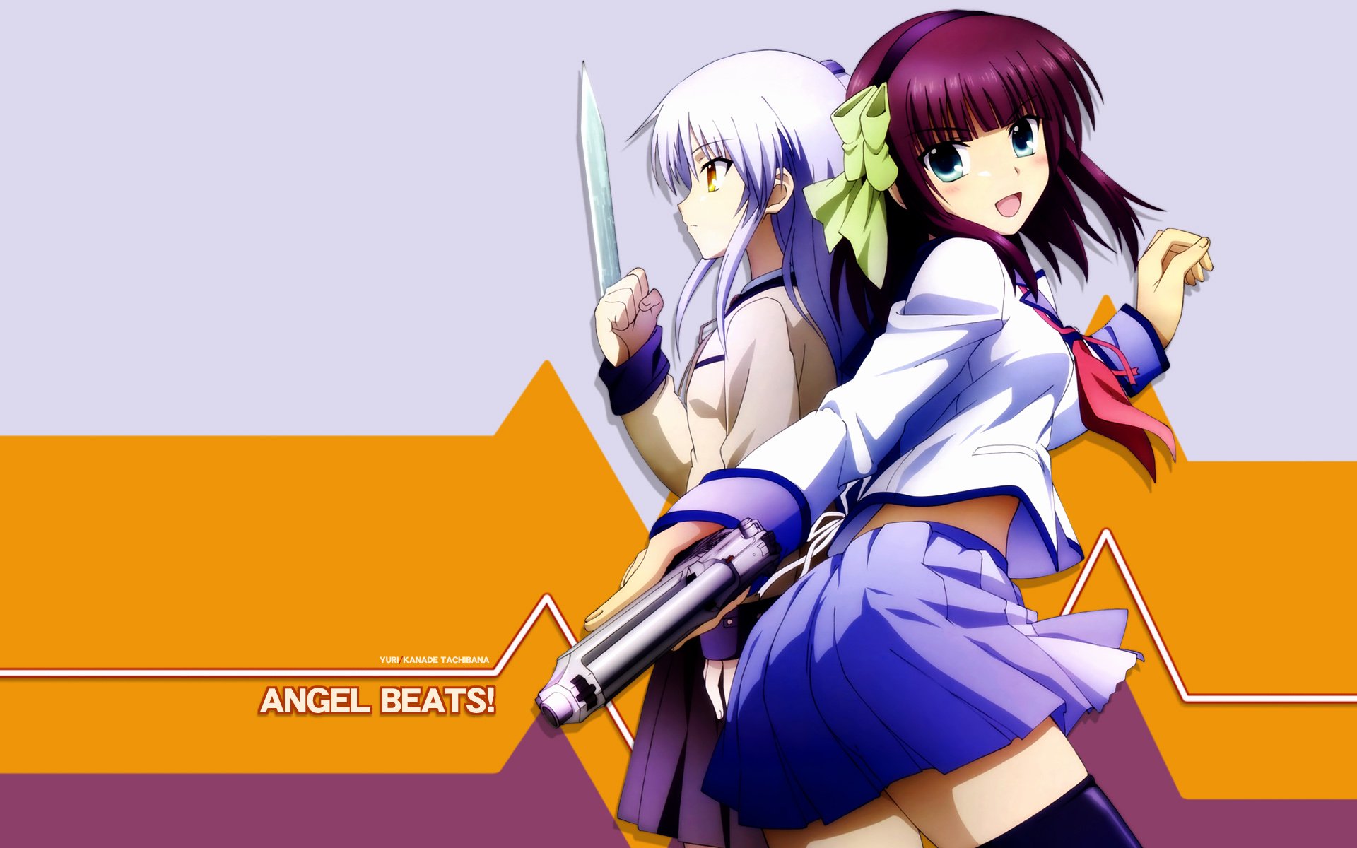 HD anime wallpaper featuring Yuri Nakamura and Kanade Tachibana from Angel Beats!, with vibrant colors and a stylish orange background design.