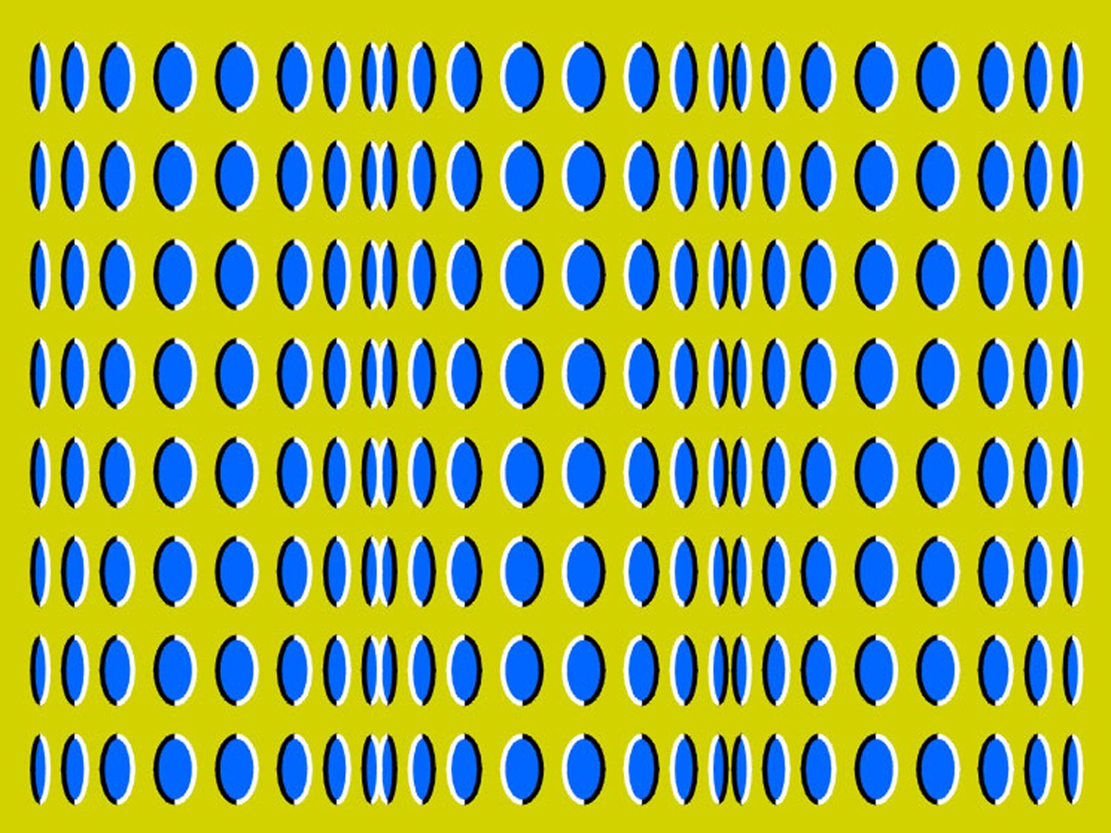 Abstract mind-teaser HD PC desktop wallpaper/background: repeating blue ovals with black shadows on bright yellow, forming vertical bands and an optical-motion illusion.