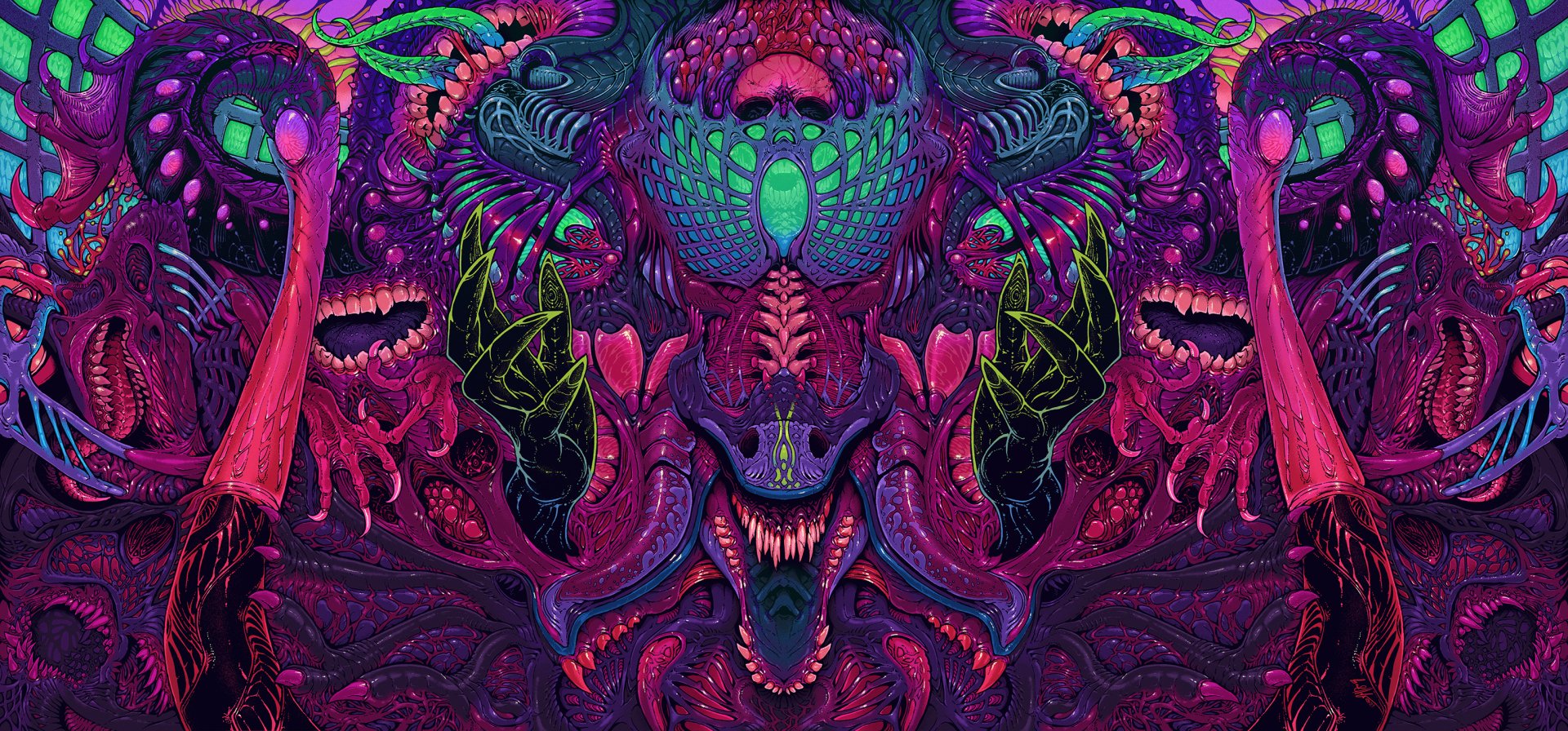 Psychedelic dark monster with vibrant neon colors and intricate details, creating a striking Phonk-inspired HD PC desktop wallpaper background.