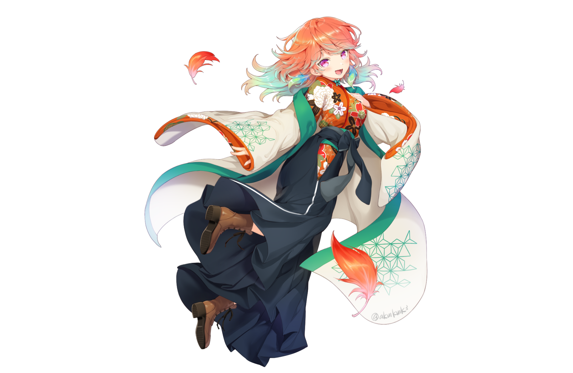 Anime-style HD desktop wallpaper featuring Takanashi Kiara from Hololive with orange hair and purple eyes wearing a detailed kimono in Japanese clothing.