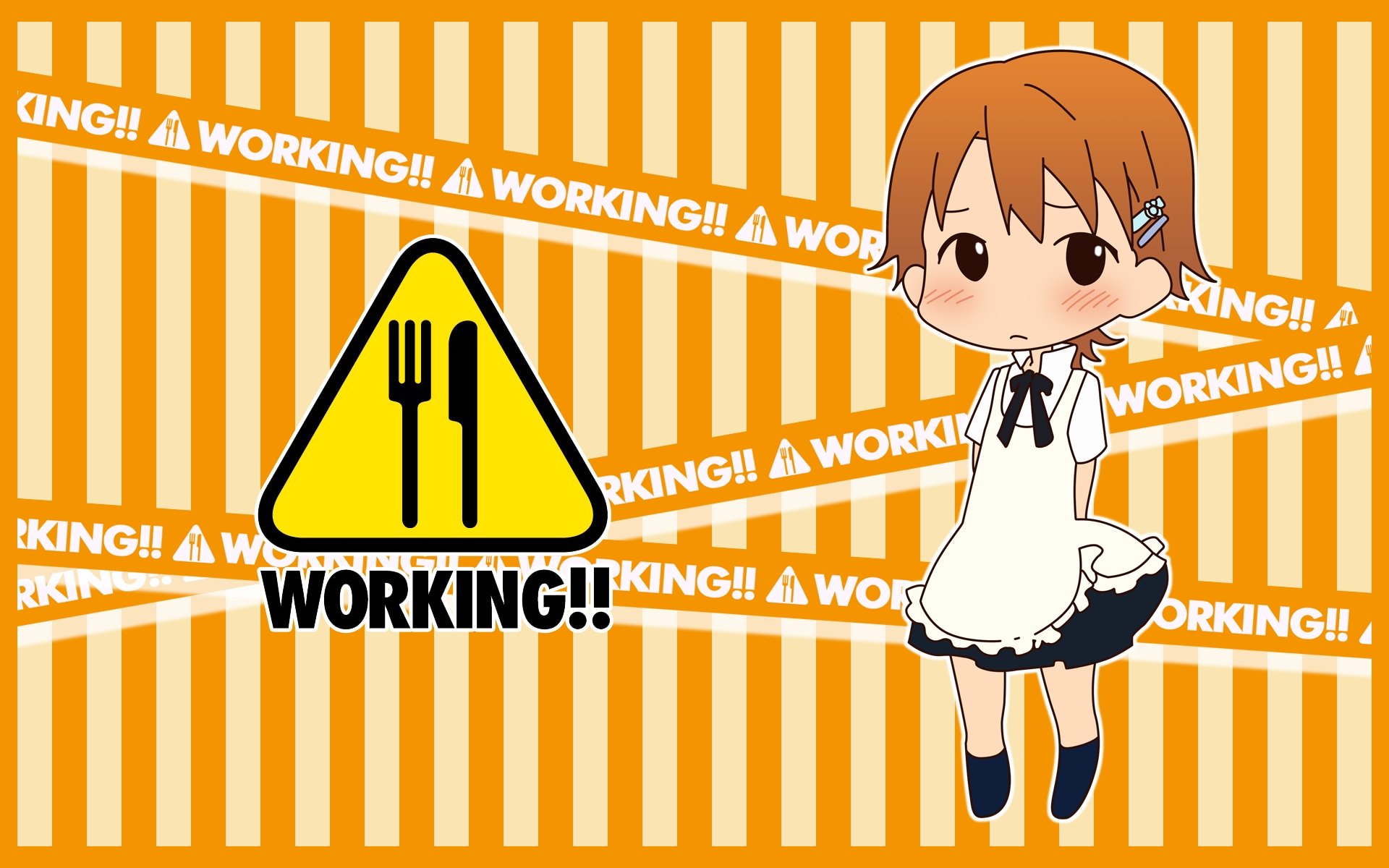 HD Anime desktop wallpaper featuring a chibi character from Working!! with a bright orange striped background and a caution sign with utensils.