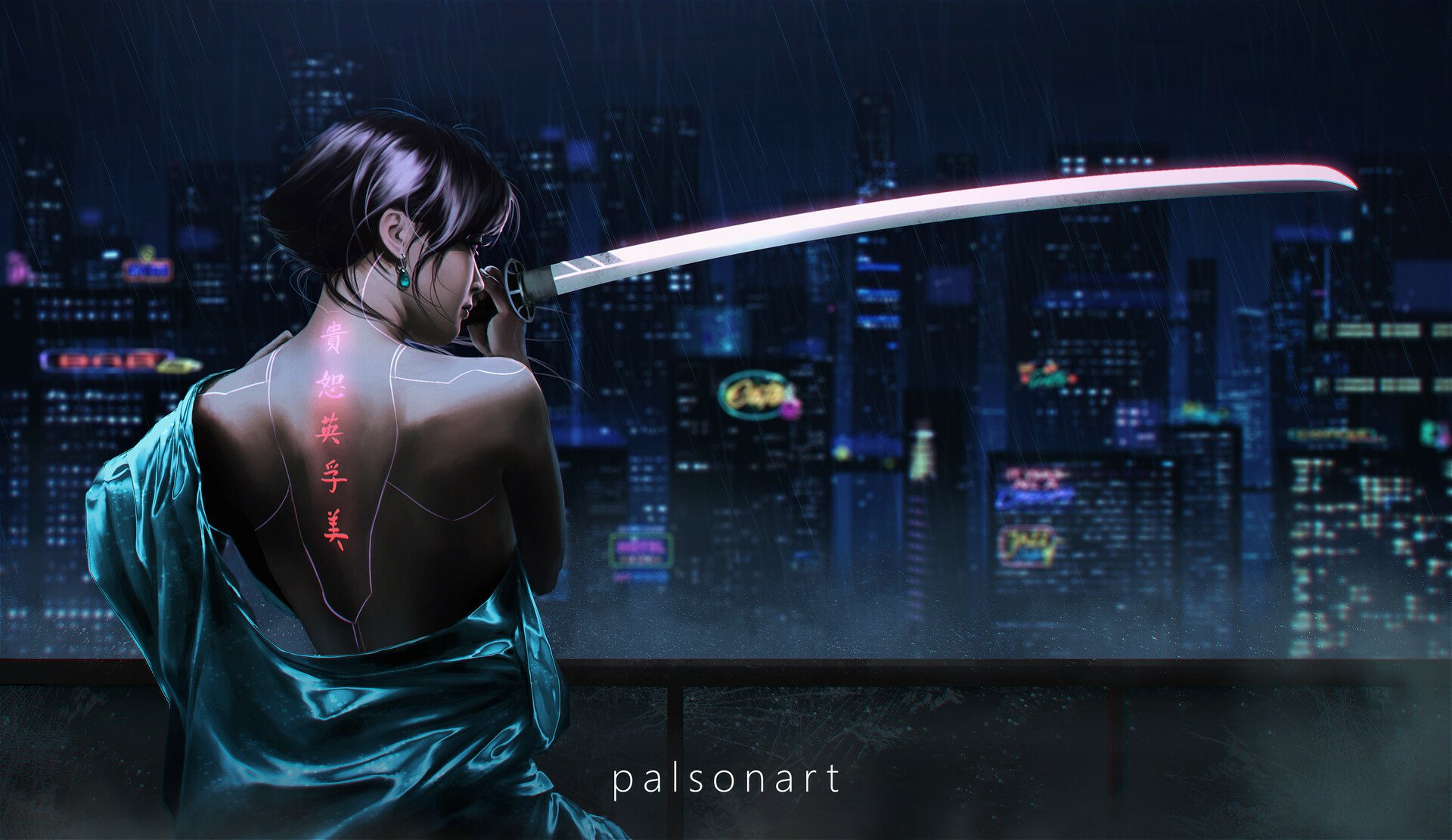 A cyberpunk woman warrior stands at night overlooking a futuristic sci-fi city, with a glowing katana and neon tattoos, in this HD PC desktop wallpaper.