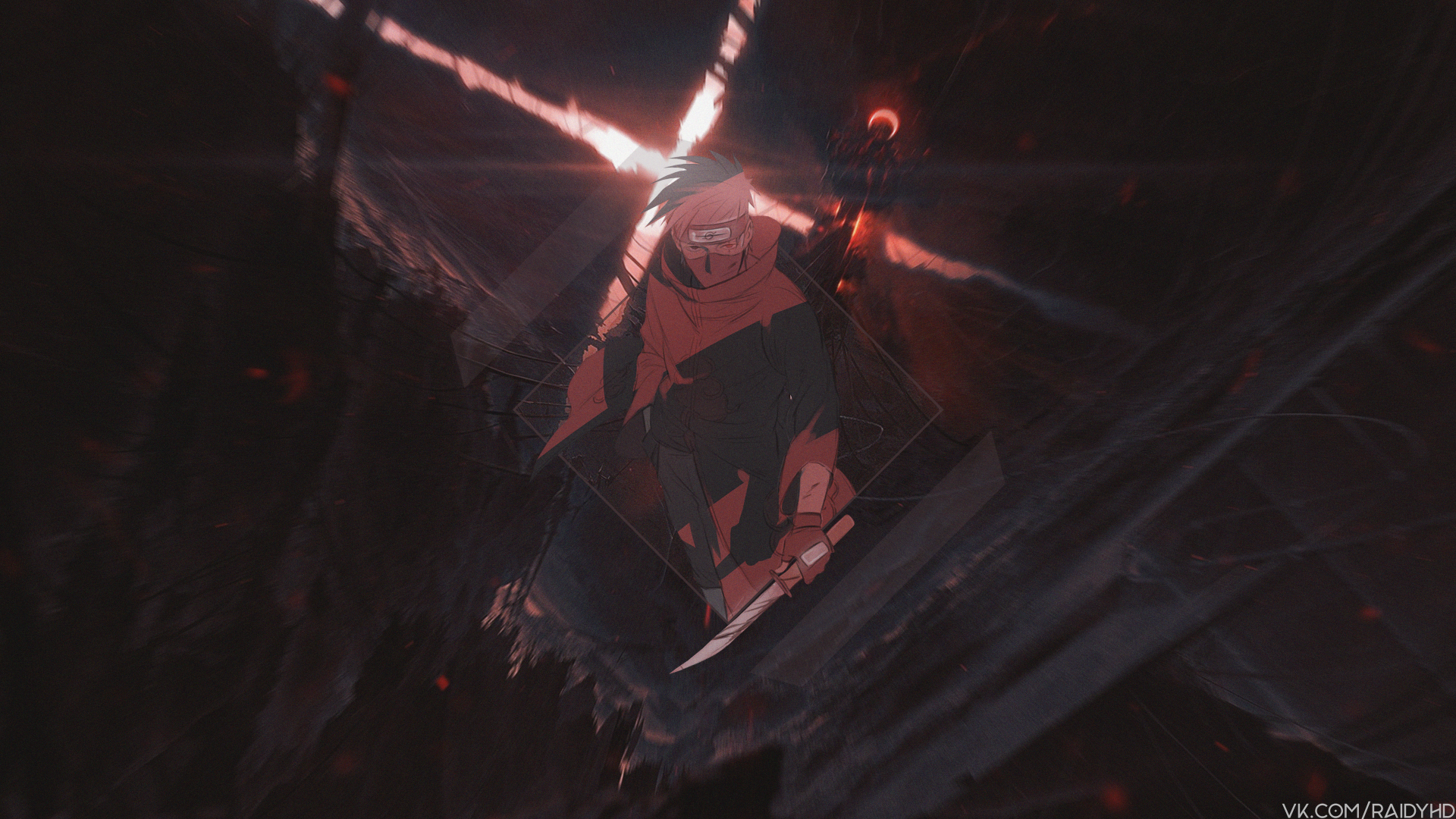 HD desktop wallpaper featuring Kakashi Hatake from the anime Naruto in a dramatic and dark background, utilizing picture-in-picture effect.