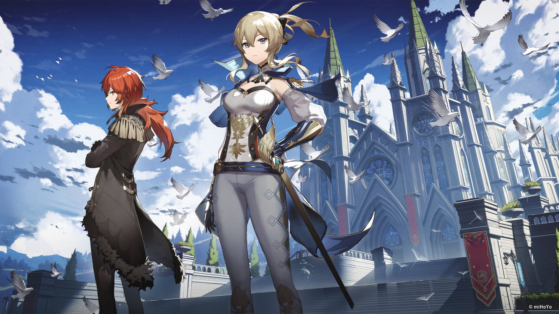 HD PC wallpaper featuring Diluc with red hair and eyes, and blonde Jean from the video game Genshin Impact, set against a detailed fantasy castle backdrop.