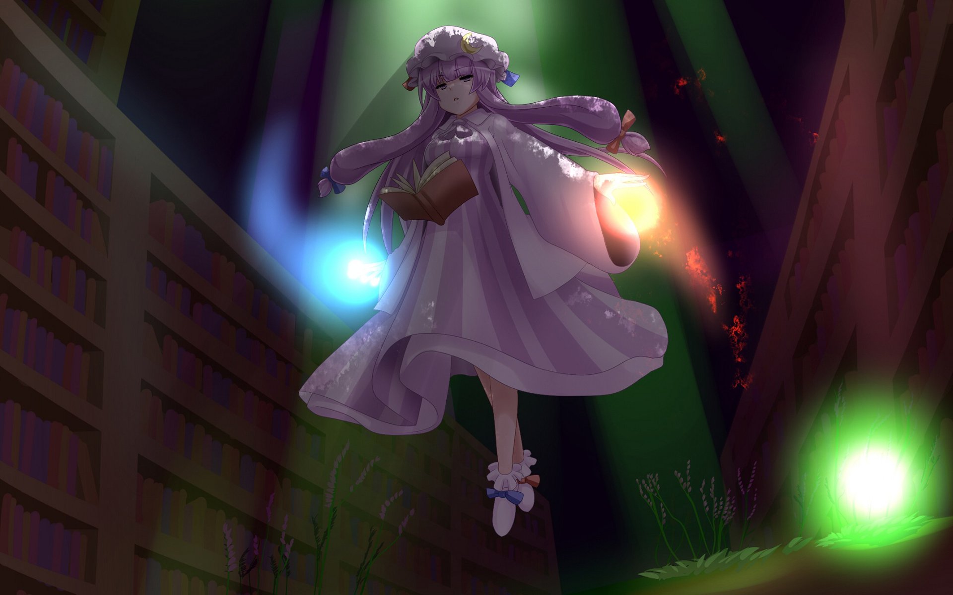 Anime HD PC desktop wallpaper/background of Patchouli Knowledge (Touhou): purple-robed magician floating between library shelves, clutching a book as glowing multicolored orbs orbit her.
