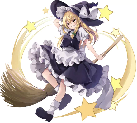HD PC desktop wallpaper featuring Marisa Kirisame from the anime Touhou, wearing a black and white dress with a witch hat, holding a broom surrounded by glowing stars.