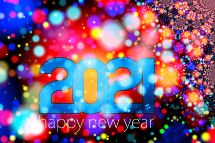 A colorful fractal design with vibrant bokeh lights and 2021 happy new year text, presented as a 4K Ultra HD PC desktop wallpaper for the New Year holiday.