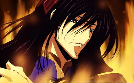 HD anime desktop wallpaper featuring Li Xingke from Code Geass with intense expression and dynamic dark hair framed by warm orange flames.