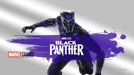 HD PC desktop wallpaper of Black Panther (T'Challa) in his vibranium suit leaping across a purple paint streak with the Marvel Studios logo and Black Panther title.