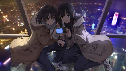 HD anime desktop wallpaper featuring two women in winter coats taking a photo together against a vibrant cityscape at night.