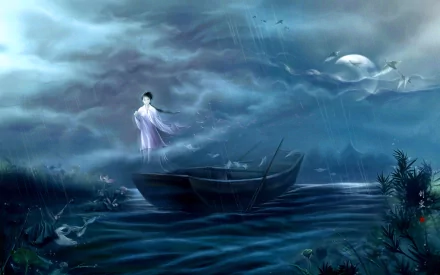 An HD artistic wallpaper featuring a ghostly woman standing near a boat on a misty, moonlit night, surrounded by a serene, ethereal landscape.