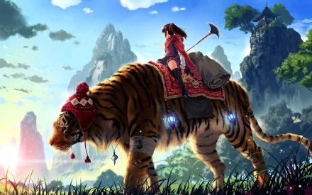 Anime-style HD wallpaper featuring a girl with brown hair, in a hat, cape, skirt, boots, and necklace, carrying a weapon while riding a tiger in mountainous terrain bathed in sunlight.