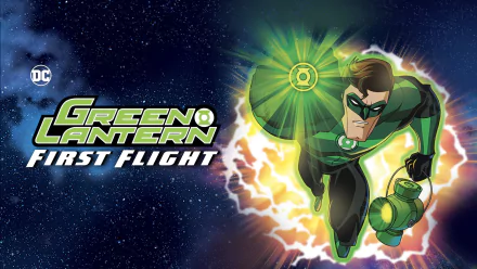 HD PC desktop wallpaper of Hal Jordan as Green Lantern from the movie Green Lantern: First Flight, flying forward with a glowing power ring and cosmic energy burst background