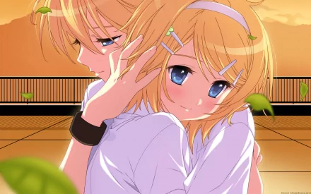 Anime characters Len Kagamine and Rin Kagamine, with blonde hair and blue eyes, embrace against a sunset backdrop with a few scattered leaves. This HD wallpaper evokes warmth and emotion.