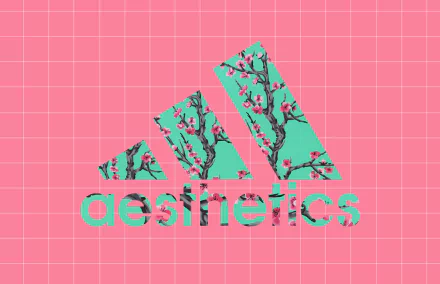 Artistic vaporwave HD desktop wallpaper: pink grid background with a turquoise Adidas trefoil patterned like Arizona Iced Tea cherry blossoms and the word aesthetics beneath.