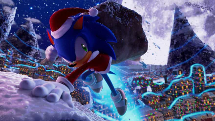 Sonic the Hedgehog wearing a Santa hat and carrying a bag, with green eyes, in a snowy Christmas-themed 4K Ultra HD video game desktop wallpaper.