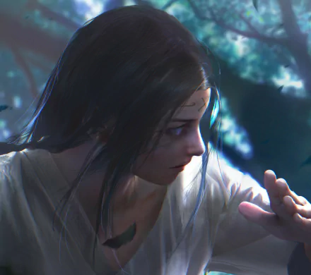 Neji Hyuga (Naruto) anime HD PC desktop wallpaper: close-up profile in soft blue moonlit tones, focused expression and outstretched hand amid drifting light and mist.