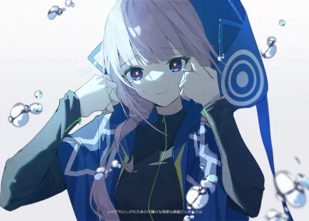HD anime wallpaper featuring a girl with light purple hair and striking eyes, surrounded by floating bubbles, set against a soft, abstract background.