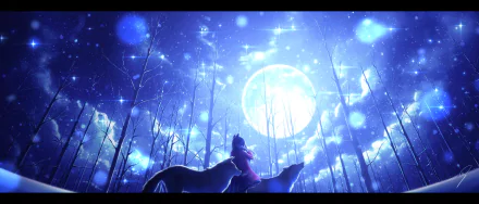 Anime-style HD PC desktop wallpaper featuring a glowing full moon in a starry night sky with silhouettes of a girl and two wolves in a mystical forest.