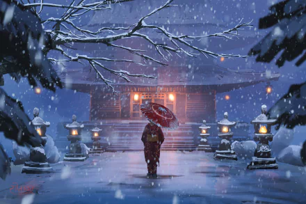 An anime-style HD wallpaper featuring a winter scene with lanterns, snow-covered trees, and a person holding an umbrella walking toward a lit building.