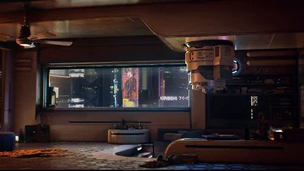 HD desktop wallpaper featuring a futuristic cyberpunk apartment from the video game Cyberpunk 2077, with a large window revealing a neon-lit cityscape and high-tech interior design.