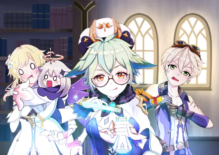 2K Quad HD PC desktop wallpaper of Genshin Impact characters Sucrose (center), Paimon (floating), Lumine (left) and Bennett (right) in a sunlit academy room.