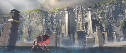 HD fantasy desktop wallpaper featuring a majestic city built into towering mountains by the water, with boats sailing through misty, atmospheric surroundings.