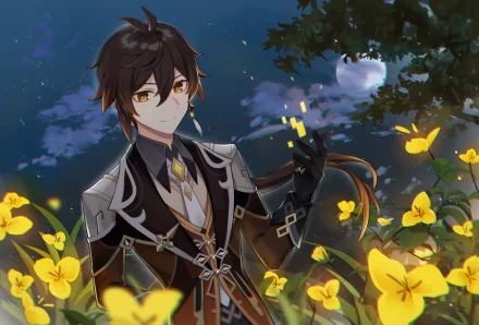 HD PC desktop wallpaper of Zhongli from the video game Genshin Impact: brown-haired, yellow-eyed figure in ornate outfit among glowing yellow flowers under a moonlit sky.